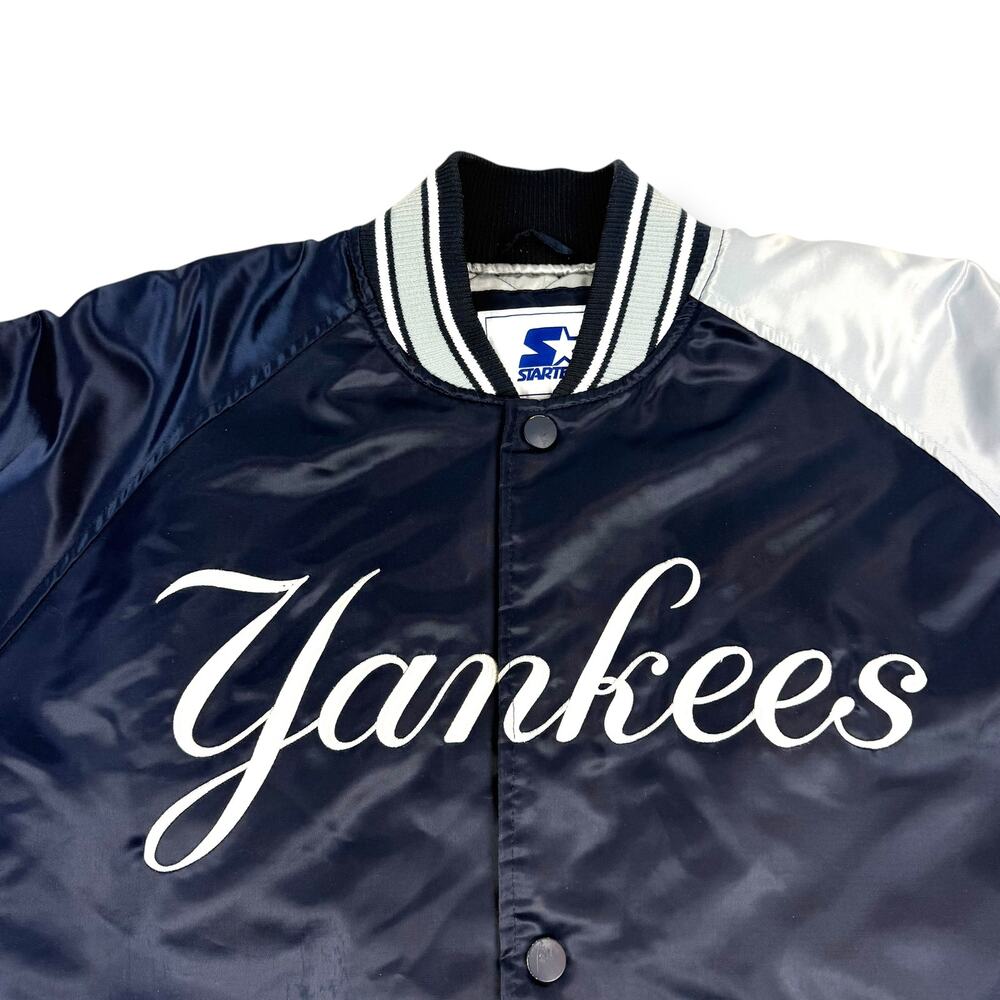 Rare STARTER NEW YORK YANKEES double sided Navy / Gray satin snap bomber jacket - Picture 5 of 16